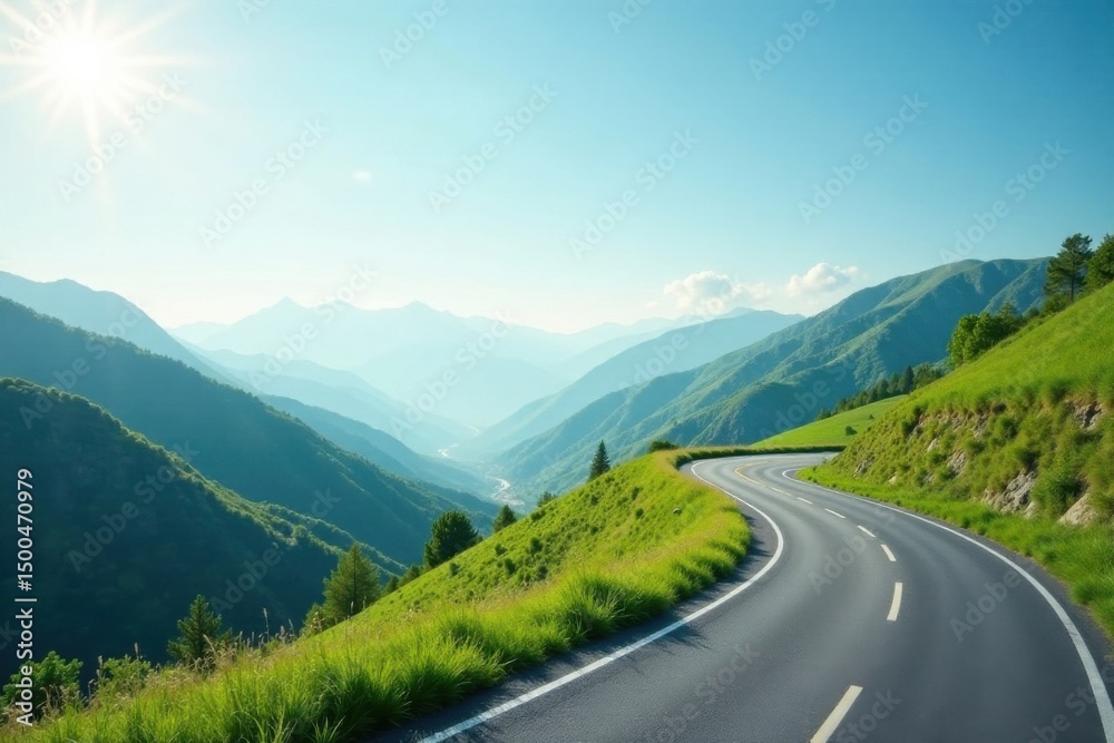 Fototapeta premium Serene Winding Road Through Lush Green Mountains Under a Bright Sunny Sky