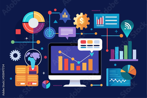 Business person interacting with a futuristic digital marketing interface, showcasing online advertising analytics, data charts, email marketing, and campaign performance metrics on a virtual screen. 