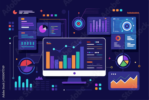 Business person interacting with a futuristic digital marketing interface, showcasing online advertising analytics, data charts, email marketing, and campaign performance metrics on a virtual screen. 
