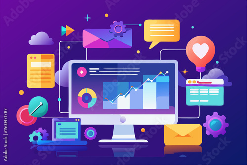 Business person interacting with a futuristic digital marketing interface, showcasing online advertising analytics, data charts, email marketing, and campaign performance metrics on a virtual screen. 