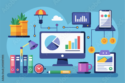 Business person interacting with a futuristic digital marketing interface, showcasing online advertising analytics, data charts, email marketing, and campaign performance metrics on a virtual screen. 