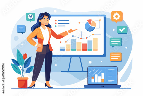 Business person interacting with a futuristic digital marketing interface, showcasing online advertising analytics, data charts, email marketing, and campaign performance metrics on a virtual screen. 