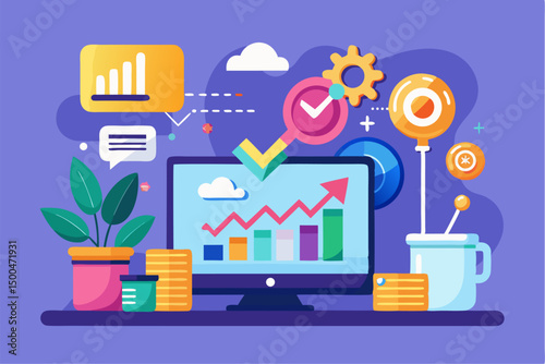 Business person interacting with a futuristic digital marketing interface, showcasing online advertising analytics, data charts, email marketing, and campaign performance metrics on a virtual screen. 