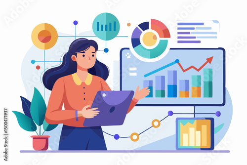 Business person interacting with a futuristic digital marketing interface, showcasing online advertising analytics, data charts, email marketing, and campaign performance metrics on a virtual screen. 
