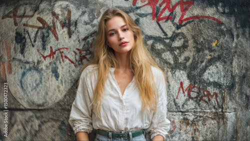 A young and confident fashion model with care-free expression. Hair care, skin care, cosmetics. Woman wearing a white shirt with rolled-up sleeves and faded blue jeans. Graffiti-filled wall.