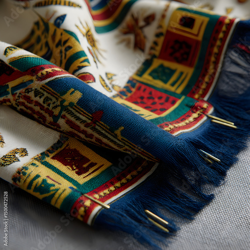 Folded Dashiki fabric swatch with geometric patterns, 3/4 view showing drape, fringe edges, straight pins stuck in fold. --v 7.0 --p fig9u4r