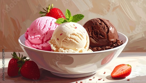 A delightful bowl of ice cream featuring three flavours- chocolate, vanilla, and strawbery 