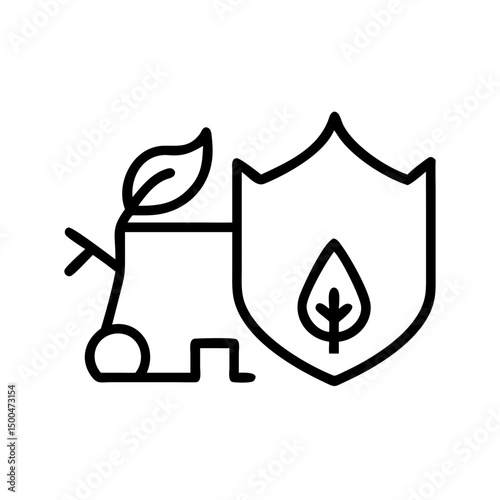 Line art icon depicting environmental protection with tree stump, leaf, and shield symbolizing conservation