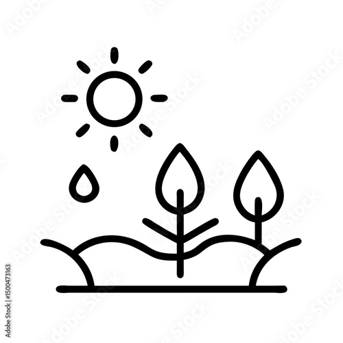 Simple line icon depicting sunny day with plants and raindrops, symbolizing growth and nature