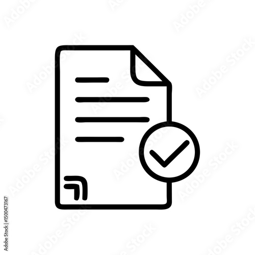 Simple black and white icon of document with check mark, symbolizing approval or completion