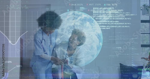 Nurse placing hand on senior arm guiding cane and patient rising with globe health data overlay