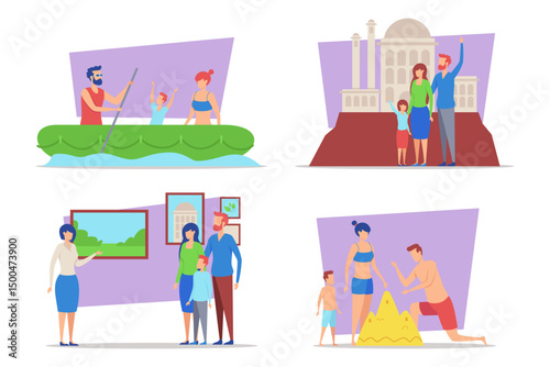 Families engaging in various joyful activities, including kayaking, visiting landmarks, viewing art, and building sandcastles. Cherished memories together concept