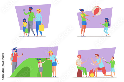 Families participating in various outdoor activities including playing games, shopping, and enjoying campfire. Concept of joy and playful interactions among family members