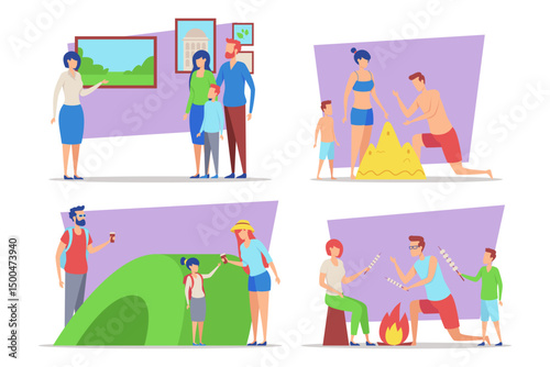 Collection of family engaging in different activities, including exploring art, playing in sand, hiking, and enjoying campfire