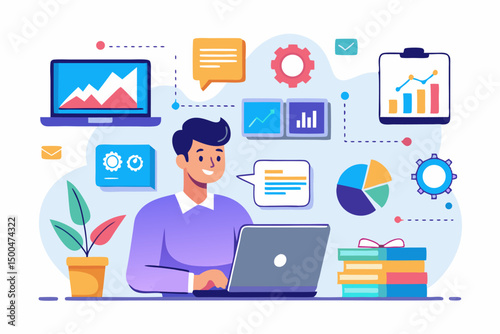 Business person interacting with a futuristic digital marketing interface, showcasing online advertising analytics, data charts, email marketing, and campaign performance metrics on a virtual screen. 