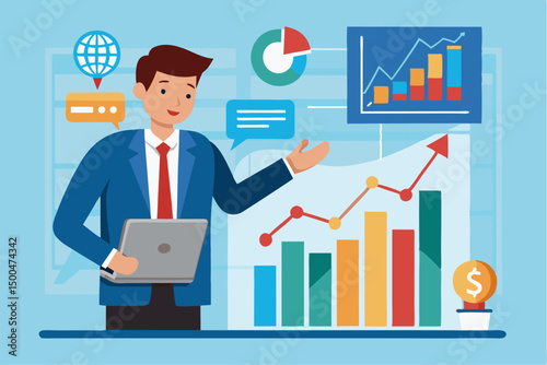 Business person interacting with a futuristic digital marketing interface, showcasing online advertising analytics, data charts, email marketing, and campaign performance metrics on a virtual screen. 
