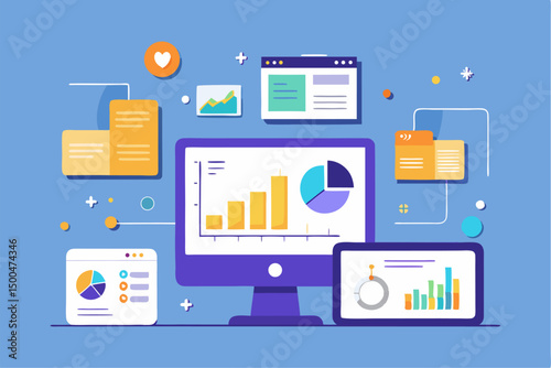 Business person interacting with a futuristic digital marketing interface, showcasing online advertising analytics, data charts, email marketing, and campaign performance metrics on a virtual screen. 