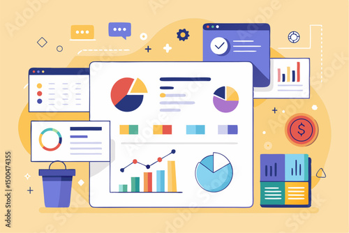 Business person interacting with a futuristic digital marketing interface, showcasing online advertising analytics, data charts, email marketing, and campaign performance metrics on a virtual screen. 