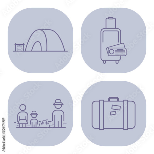 Collection of camping icons showcasing tent, suitcase, children playing in sand, and travel bag. Family trips, outdoor fun, and travel necessities concept
