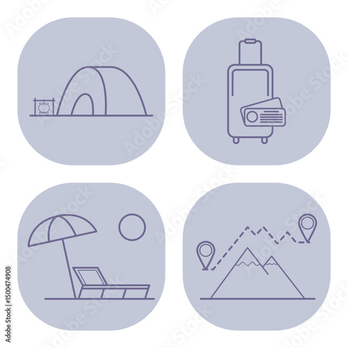 Collection of simple line icons with outdoor activities including camping with tent, travel with luggage and tickets, sunbathing on beach chair, and hiking in mountains