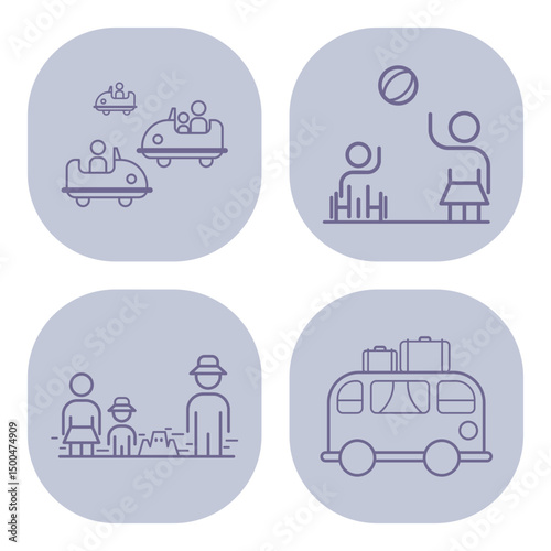 Variety of playful activities such as car rides, ball games, and family fun in theme park. Joy and togetherness during leisure time concept