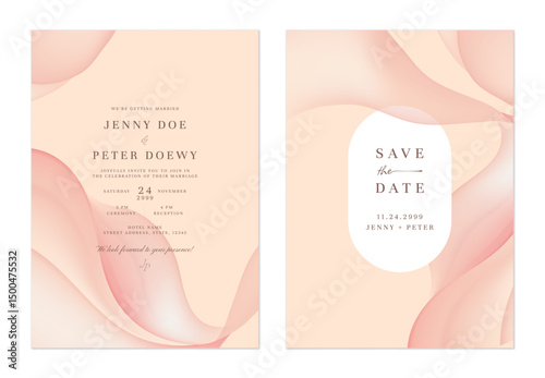 Wedding invitation and save the date template set of flowing and translucent waves in shades of pale pink on a peach background. The style is modern and elegant aesthetic