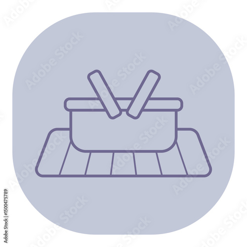 Outlined illustration of picnic basket on checkered blanket, ideal for outdoor dining. Relaxation and enjoyment during sunny days concept