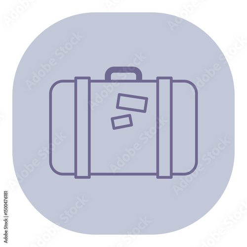 Simple icon of suitcase adorned with travel stickers on muted background. Concept of adventure and spirit of exploration associated with travel