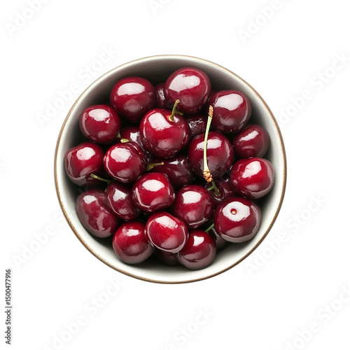 Fresh Juicy Cherries in Bowl: Top View of Red Sweet Cherries, Perfect for Baking or Snacking, High-Resolution Image
