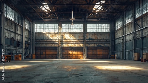 A large, empty warehouse with large, open doors and exposed beams, with sunlight streaming through the windows.