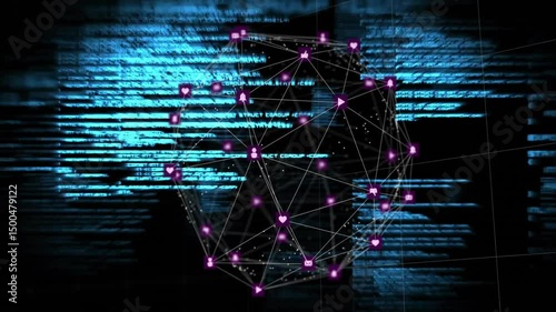 Sliding code starting 3D network sphere emerging, rotating, pulsing nodes icons showing links