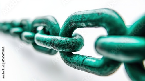 A green chain with a green metal link in the foreground and a white background.