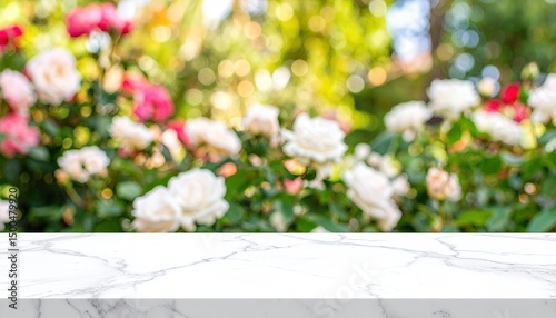 Fototapeta Naklejka Na Ścianę i Meble -  Marble Table with Rose Garden Background.