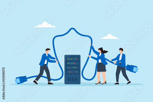 Flat illustration of people wrapping network cables to form shield protecting server from cyberattacks and data breaches