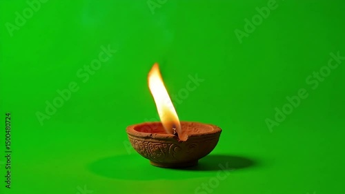 A glowing earthenware diya lamp burns brightly against a vibrant green backdrop, offering a serene and spiritual ambiance perfect for celebrations or meditation scenes.