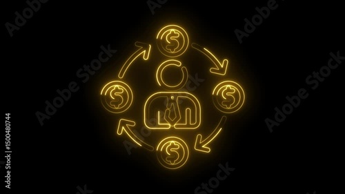 Neon businessman and dollar coins circulating around him on black background,investment and financial planning