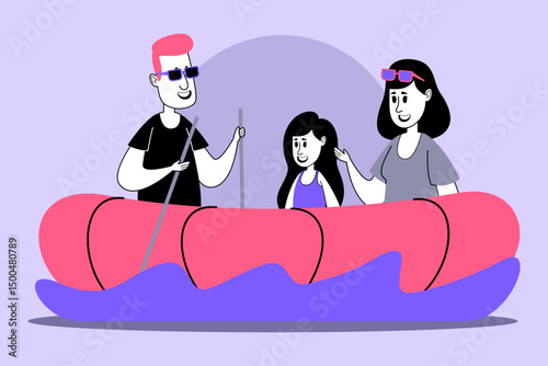 Three individuals paddling in bright kayak, surrounded by water. People smiling, wearing sunglasses, and enjoying sunny day outdoors