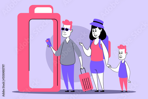 Family with luggage approaching security gate at travel terminal. Father holding card, while mother and child standing close. Busy travel time concept