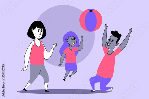 Joyful moment of adults and children playing with colorful beach ball. Sun shining, and everyone smiling while engaging in friendly competition and fun