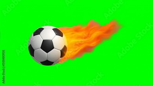 Spinning soccer ball with flame effects on green screen background, generative ai