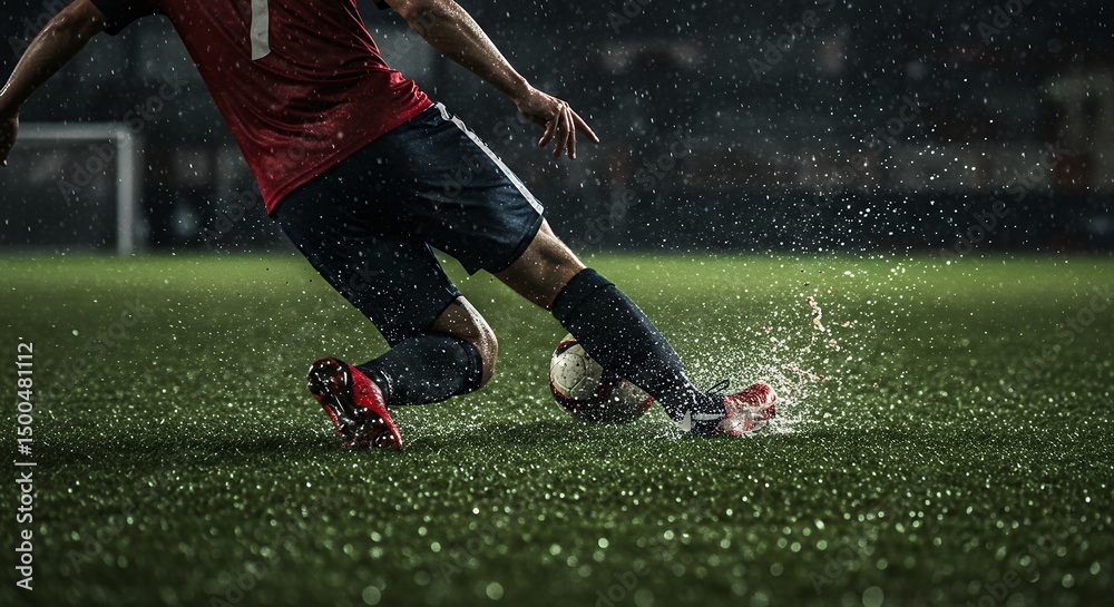 Naklejka premium RainSoaked Soccer Player Dribbling in Dramatic Low Light