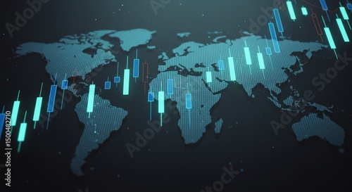 Digital Illustration of World Map with Financial Chart Data in Blue Tones
