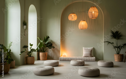 Serene green room with woven lights and floor cushions