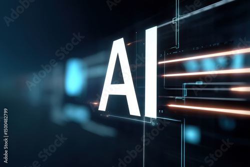 Large “AI” text displayed with abstract glowing lines and shapes, representing artificial intelligence and modern technology concepts