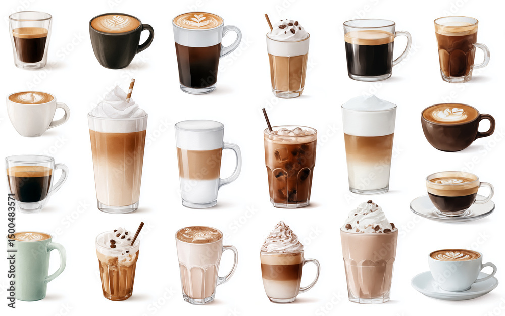 Obraz premium A watercolor set of an assortment of popular coffee drinks