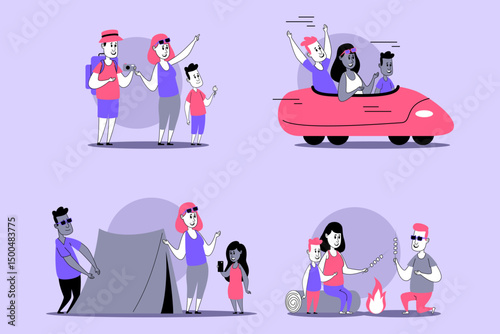 Family engaged in various outdoor activities, including hiking, camping, and driving. People sharing fun moments and creating lasting memories in vibrant and playful setting