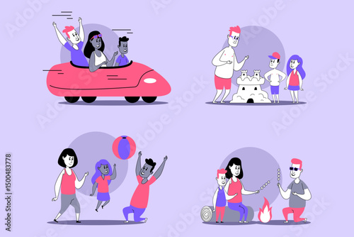 Family engaging in multiple activities like driving colorful vehicle, building sandcastle, playing with beach ball, and having fun around fire while laughing