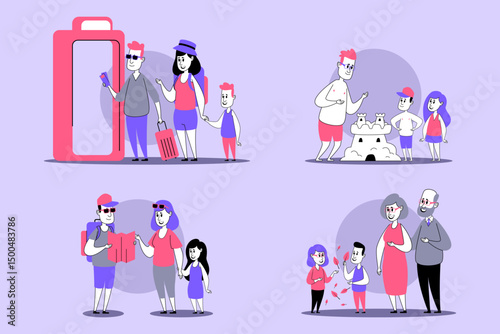 Cheerful family engaging in multiple vacation activities, including waiting at airport, building sandcastle, and exploring their surroundings together