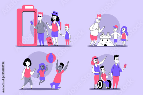 Family engaging in various fun activities outdoors. People building sandcastles, playing with balls, and enjoying leisurely moments together, creating joyful memories under sun