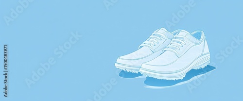 A clean vector line logo of a pair of shoes, designed with sharp edges, placed on a solid sky blue background.